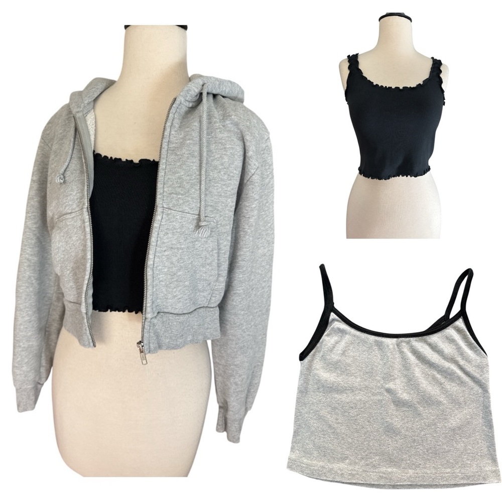 Brandy Melville Zip Up Hoodie Light Heather Gray Sweatshirt + 2 Tank Tops Casual